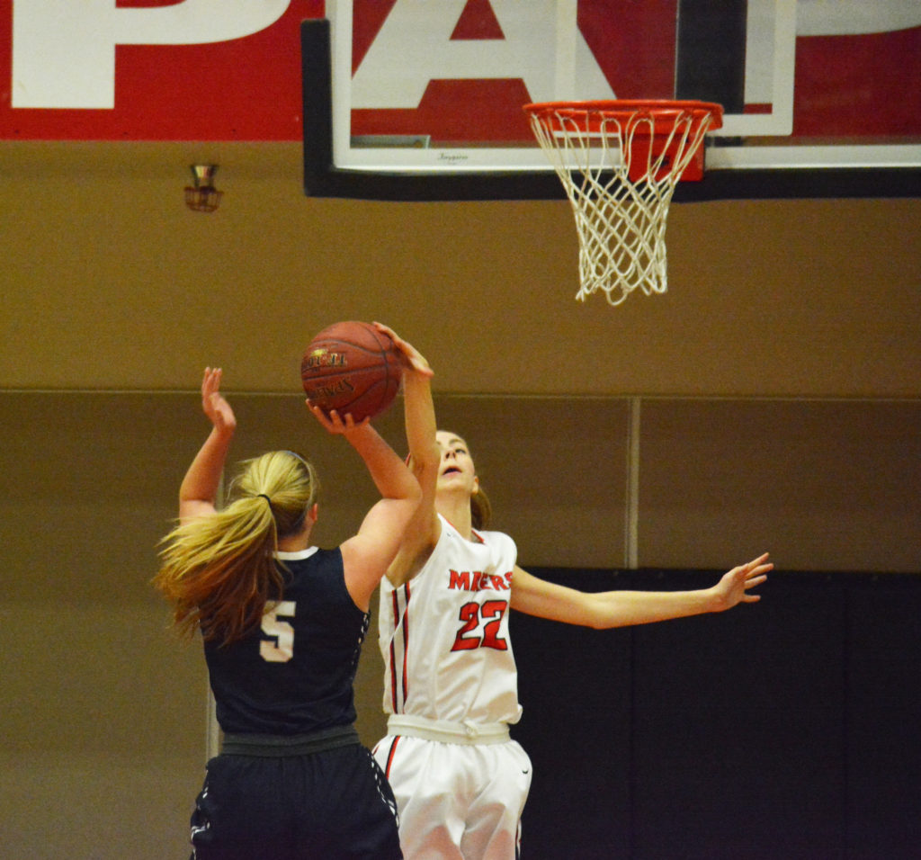 Madison Freemon blocks Skyview's Sydney Friauf.