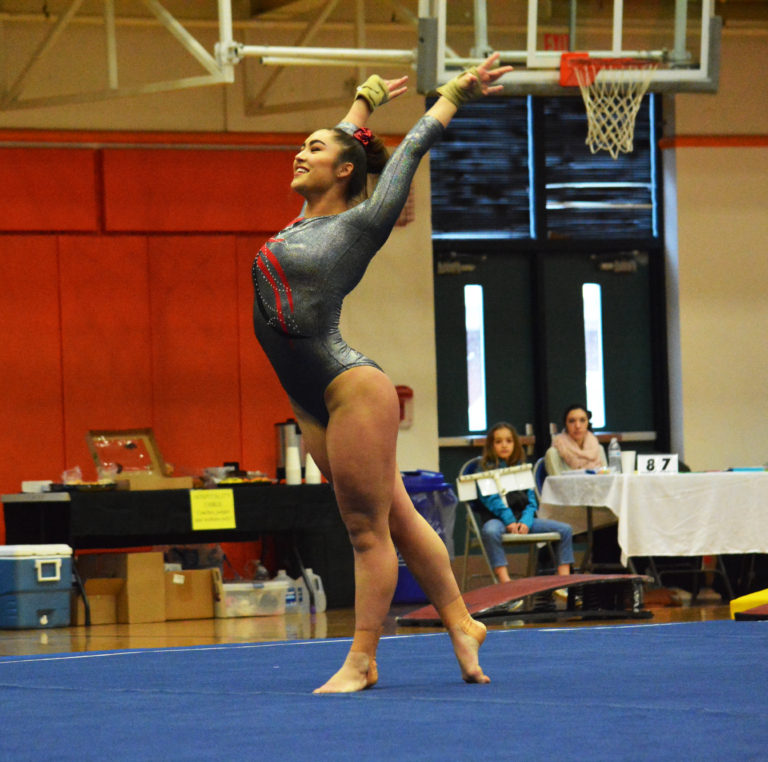 District all-around champion Alexa Dietz earns a 9.625 for Camas on the floor exercise, her favorite event.