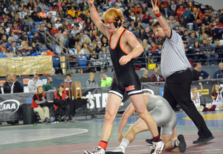 Nick Wolfe picked up the two points he needed to win in overtime for Washougal. He secured seventh place in the 2A state 145-pound wrestling bracket at the Tacoma Dome Saturday.