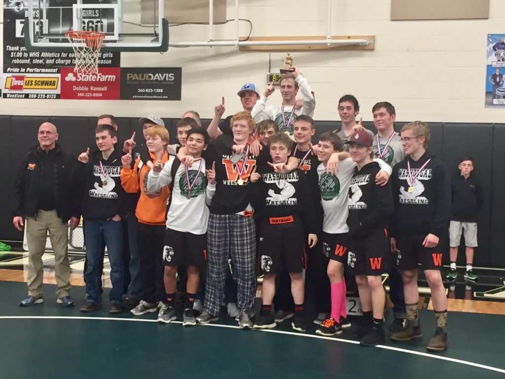 The Washougal boys wrestling team won the 2A district championship Saturday, at Woodland High School. The Panthers earned 314.5 points to win the seven-school tournament by 133.5 points (contributed photo).