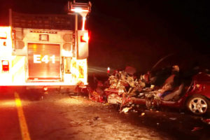 A 19-year-old Washougal man had to be extricated from his vehicle after crashing it into a Camas-Washougal Fire Department truck that was responding to an accident on the eastbound side of state Route 14 near Camas. (Contributed photo)