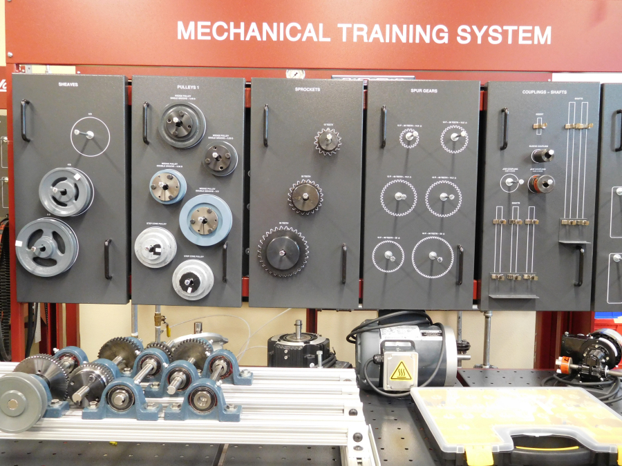 The mechatronics program at Clark College's Columbia Tech Center includes a mechanical training system for students to learn more about careers in manufacturing.