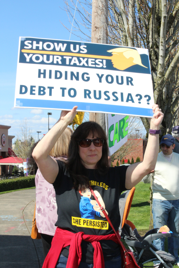 Donna Sinclair, of Washougal, said she wants to see a more transparent government and urged President Donald Trump to release his tax returns at a Tax Day rally on Saturday, April 15.