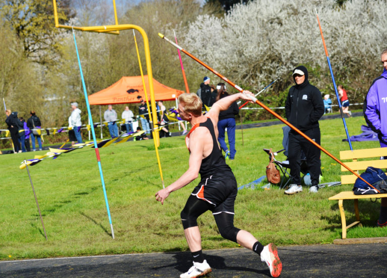 Nathan Tofell fires the javelin 149 feet, 10 inches, to win the event for Washougal at the John Ingram Twilight Friday, at Columbia River High School in Hazel Dell.