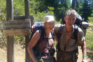 Camas artists Boni and Dave Deal begin their Northern California section hike at the Oregon/California border signpost. To begin there, they had to hike for 30 miles. (Photos contributed by Boni Deal)