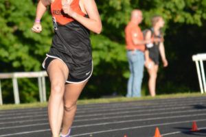Hannah Swigert takes a huge lead for Washougal in the 800-meter district race Friday at Columbia River High School. She won with a time of 2:29.02.