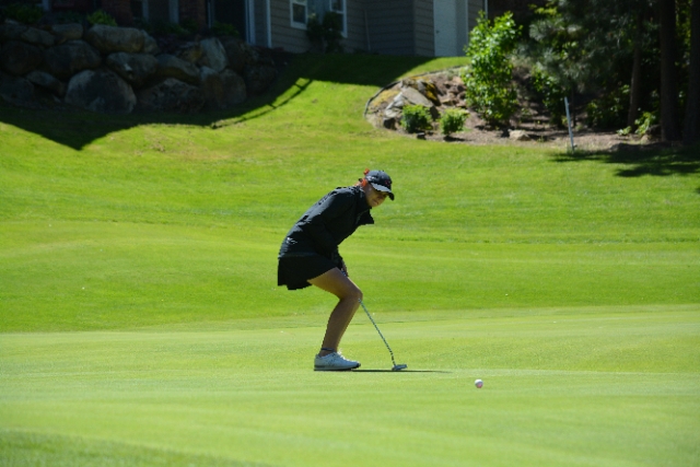 Hailey Oster saves a tricky par on 16. The Camas High School junior tied for ninth place at state.