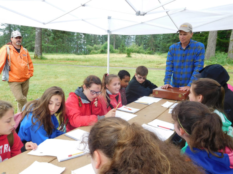 Wildlife biologist Bill Weiler helps students with a &quot;murder mystery&quot; activity during outdoor school.