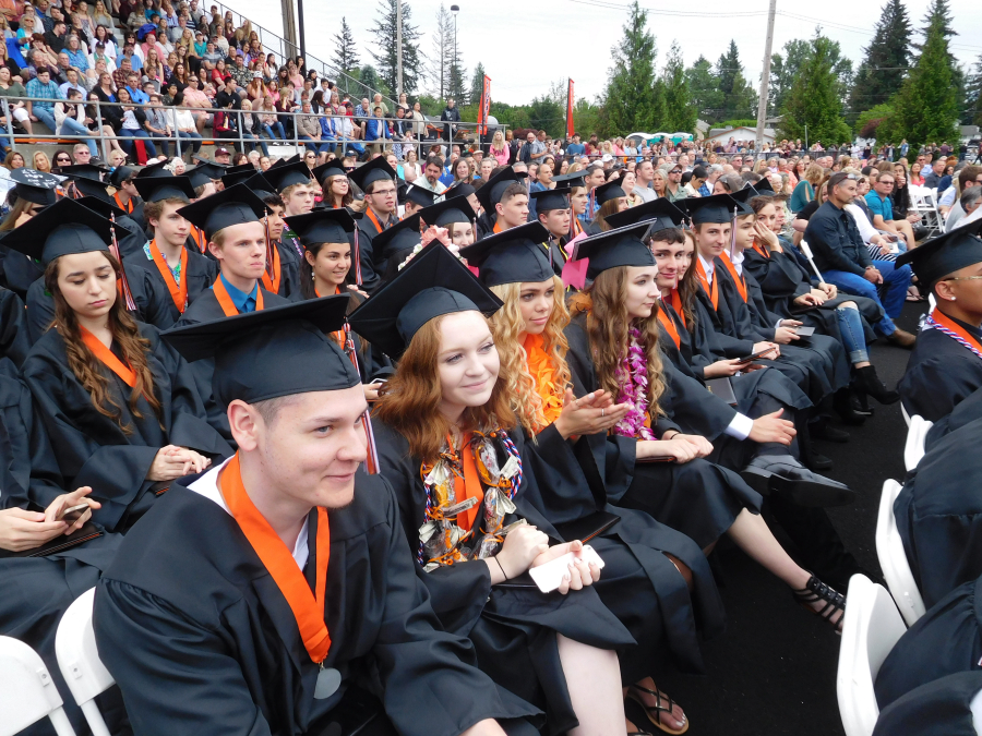 The Washougal High Class of 2017 awaits the “turning of the tassels.” Close to 200 students graduated June 17, at Fishback Stadium.