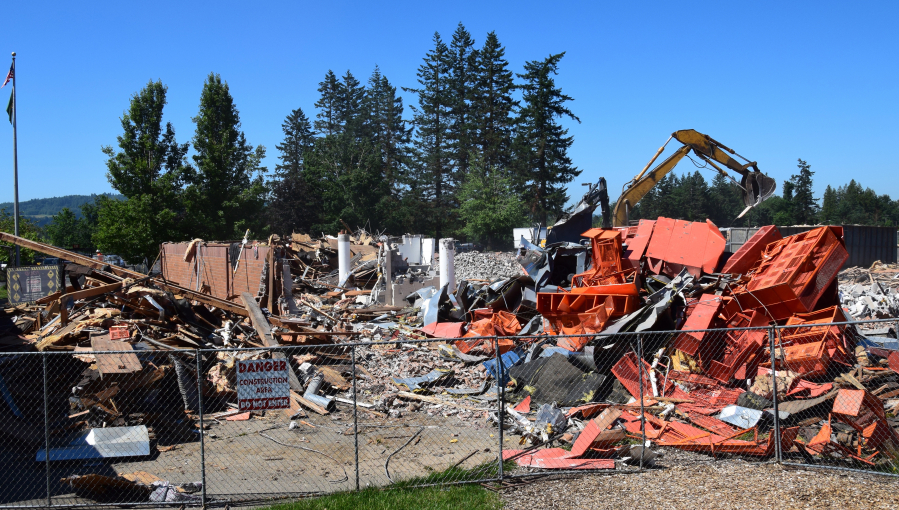 The remnants of the gym at Jemtegaard Middle School on June 22. The gym of the original school was the first building to be demolished. (Photo by Tori Benavente/Post-Record)