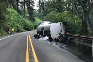 Chris Allworth, of Washougal, was on his way to work at the Bonneville Dam Tuesday, at about 5:50 a.m., when he saw an overturned semi-truck that had been pulling two tanker cars, on State Route 14 between Salmon Falls Road and Belle Center Road. Approximately 3,000 gallons of oil spilled as a result of the accident that occurred at about 5:25 a.m. (Photo contributed by Chris Allworth)