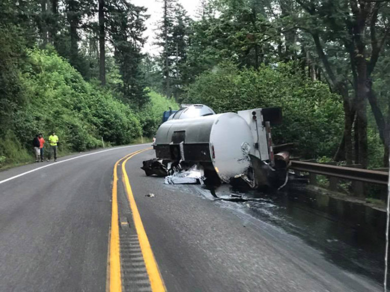 Chris Allworth, of Washougal, was on his way to work at the Bonneville Dam Tuesday, at about 5:50 a.m., when he saw an overturned semi-truck that had been pulling two tanker cars, on State Route 14 between Salmon Falls Road and Belle Center Road. Approximately 3,000 gallons of oil spilled as a result of the accident that occurred at about 5:25 a.m.