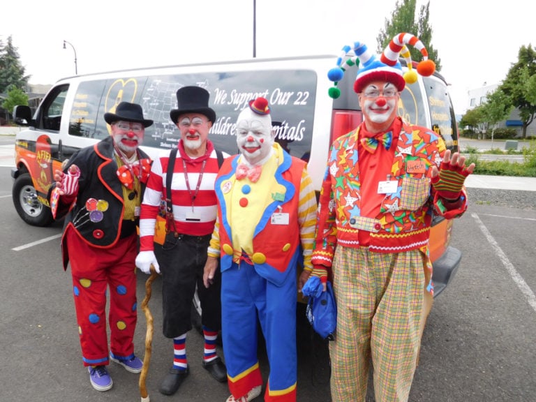 The members of the Southwest Washington Afifi Shrine Clowns Unit of Afifi Shriners include &quot;Keys,&quot; &quot;Bumps,&quot; &quot;Klutz, the Magnificent&quot; and &quot;Stretch&quot; (left to right). The unit has earned and donated more than $50,000 to the Shriners Burns Center over the past decade.