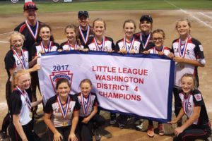 The Camas Little League Major softball all-stars hold up their district championship banner June 30, at David Douglas Park, in Vancouver. Players are Gracie Barsness, Kennedy Boatright, Gracie Buzzell, Mercy Canifax, Kasey Clifton, Samantha Gittings, Reagan Jamison, Amelia Marcum, Alyson Ohnstad, Candice Owen and Molly Peebles. These girls finished in fourth place at the state tournament, in Oak Harbor. (Contributed photo)