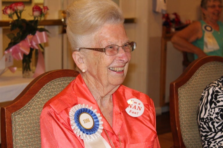 Virginia Warren, Camas Days Queen of 1998, reacts to 2017 Camas Days Royal Court Queen Nan Henriksen's speech at the Royal Court Coronation on July 12.