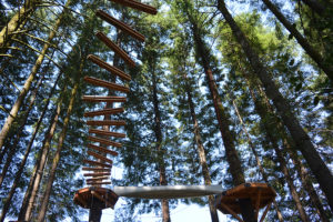 A new adventure park is currently being constructed at Skamania Lodge, in Stevenson, Wash. There will be different routes to take and a variety of obstacles to tackle. This photo shows a canoe suspended between two trees. People will have to shimmy across while the canoe sways like it's in water.