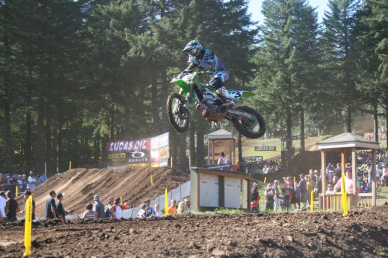 Eli Tomac (3) won the 450 Class moto 2, in the 2016 Peterson CAT Washougal National, at Washougal Motocross Park. He placed second in the first moto and captured the overall win in the 450 class.