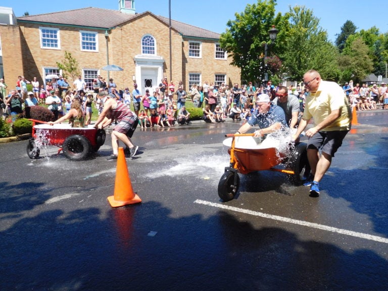 The "Bathtub Bandits" (left) and "Cool Runnings" competed in the Camas Days Bathtub Races, Saturday. The Bathtub Bandits placed first, and Cool Runnings placed third.