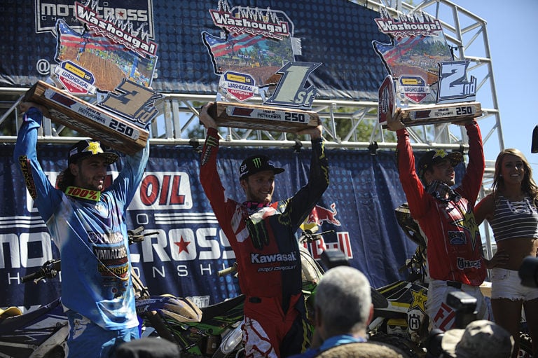 Joey Savatgy (center), Zach Osborne (right) and Dylan Ferrandis (left) finished in the top three in the 250 class Saturday, at Washougal Motocross Park.