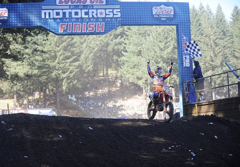 Marvin Musquin celebrates winning the Washougal National Saturday.