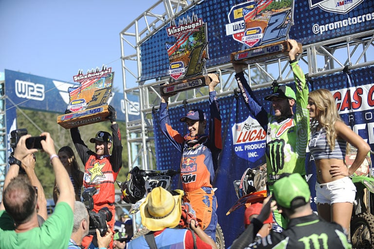 Marvin Musquin (center), Eli Tomac (right) and Martin Davalos (left) finished in the top three in the 450 class Saturday, at Washougal Motocross Park.