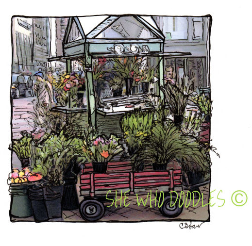 Cyndee Starr enjoys creating freehand doodles as well as doodling over photographs, such as this one of a Portland flower cart.