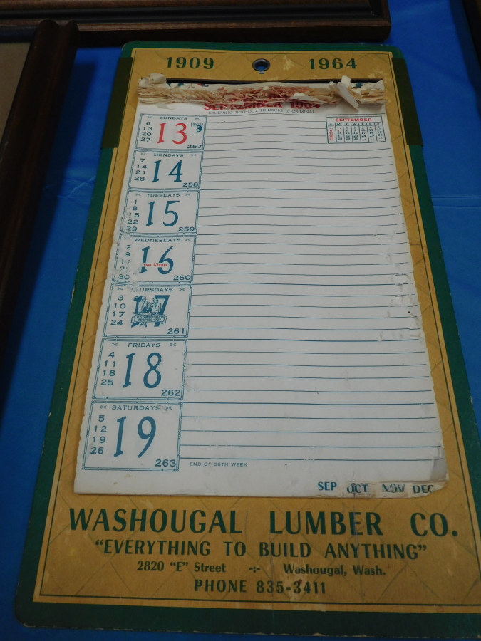 Historical items, including a 1964 desktop calendar, were on display during the Washougal Lumber customer appreciation luncheon.