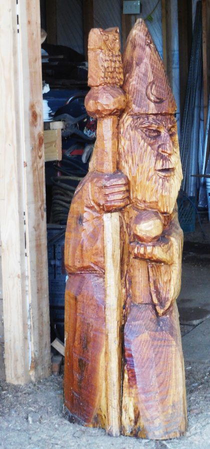 This carving of a wizard stands sentry at Washougal wood carver Ken Craig&#039;s shop.