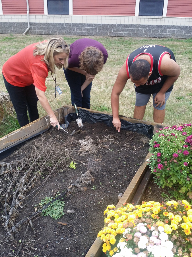 Cindy Gregory works with a student and fellow educator in the garden beds next to Washougal High School.