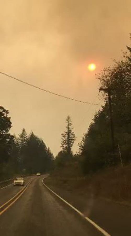 This photo shows how bad the air quality was on the Washington side of the Columbia River Gorge on Tuesday, as smoke from nearby wildfires blocked out the sun and dropped ash throughout Clark and Multnomah counties in Washington and Oregon.