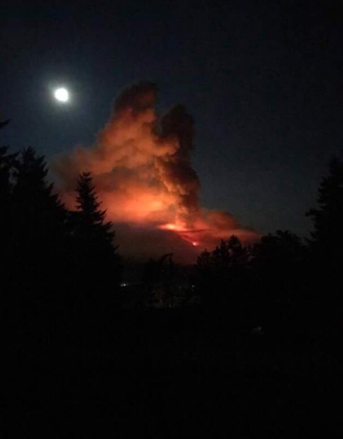 Former Post-Record publisher Mike Gallagher, a Skamania County resident, shot this view of the Eagle Creek Fire over Labor Day Weekend. By Tuesday, the fire had engulfed a 10,000-acre area of the Columbia River Gorge on the Oregon side, from Cascade Locks to Troutdale; and started a spot fire on the Washington side of the Gorge on Archer Mountain in Skamania County.