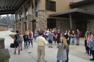 Jemtegaard Middle School teacher Scott Rainey chats with students on the first day of school last week. JMS is one of three, state-of-the-art, new buildings in the Washougal School District. (Contributed photo)