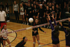 Keelie LeBlanc hammers home a point for Camas against Columbia River Sept. 7, at Camas High School. The Papermakers swept the Chieftains 25-14, 25-14, 25-16. LeBlanc notched nine kills and four aces. On Saturday, Camas clinched first place at the Liberty tournament in Hillsboro, Ore. 