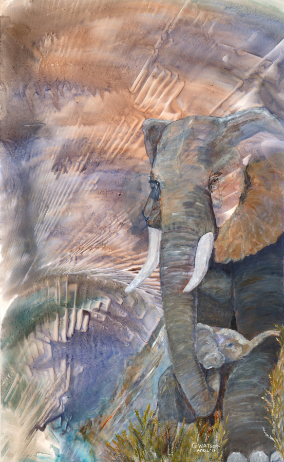 Gary Watson&#039;s elephant and baby painting, &quot;Hiding from the Storm,&quot; is part of a Second Story Gallery art show this month in Camas. Watson is the co-founder of Art for the Life of Elephants, an artist group that contributes to the ongoing struggle against the slaughter of elephants in Africa and other wildlife causes.