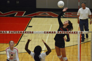 Keelie LeBlanc rises up to the volleyball Sept. 28, at Camas High School. She earned 15 kills, 12 digs and two aces for the Papermakers in a 25-21, 25-18, 25-23 victory against Skyview.