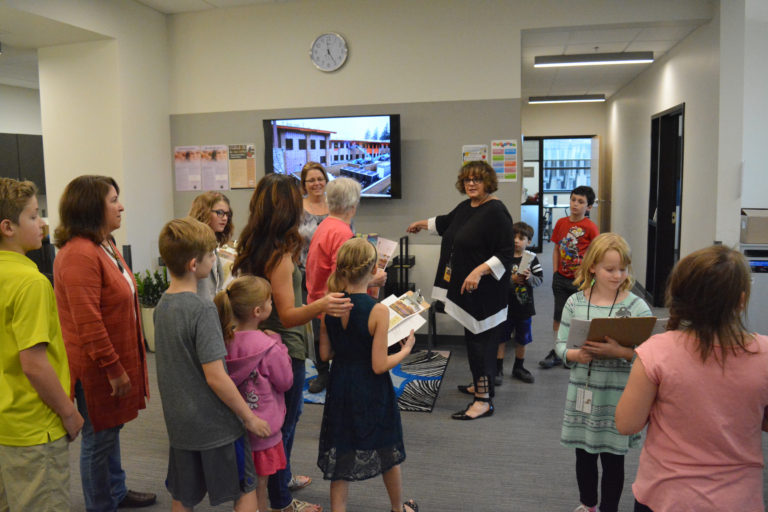 Columbia River Gorge Elementary Principal Tracey MacLachlan greets students and parents at the start of the Open House Oct. 5, at the new Columbia River Gorge Elementary and Jemtegaard Middle School building, 35300 S.E.
