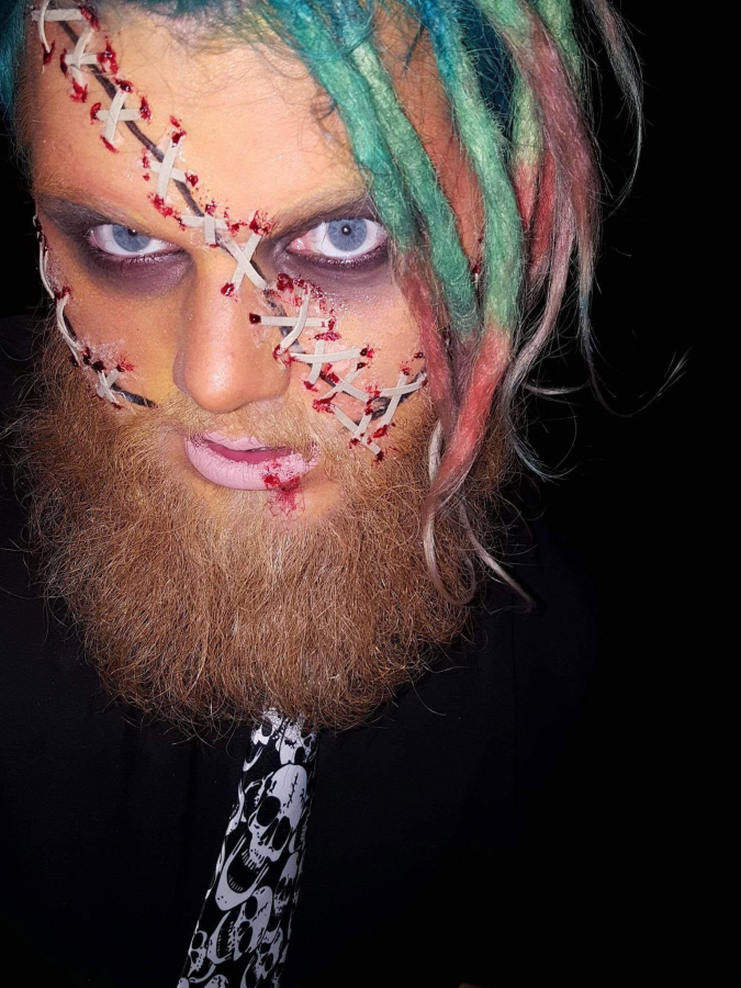 Ian Needham, as seen after certified makeup artist Miranda Straub applied &quot;stitches&quot; and makeup on him to become a spooky scarecrow. Needham, who is also a makeup artist and Straub&#039;s boyfriend, was the sound technician for recent productions of &quot;Villains &amp; Vixens,&quot; at The Headwaters Theater, in Portland.