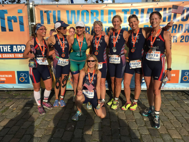 Alisa Wise (second from right) celebrates with her new friends from the U.S. and Great Britain. They worked together on the bike course during the Sprint World Triathlon Grand Final on Sept. 17, in Rotterdam, Netherlands.