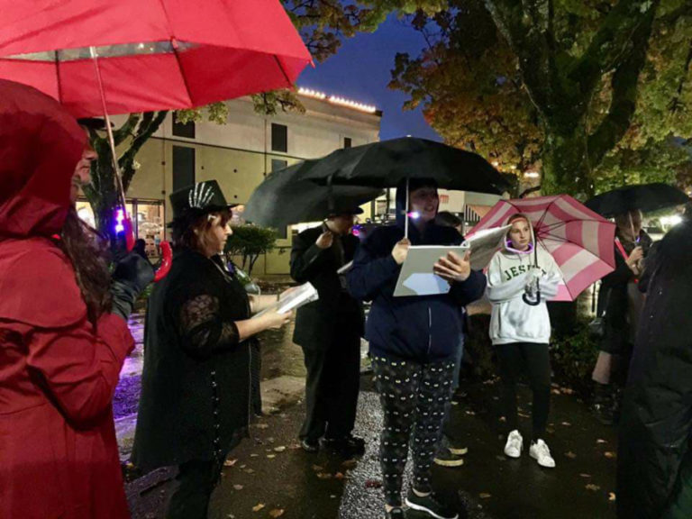 Despite the pouring rain, around 70 people came out for the first-ever Haunted Walking Tour in downtown Camas on Saturday, Oct.
