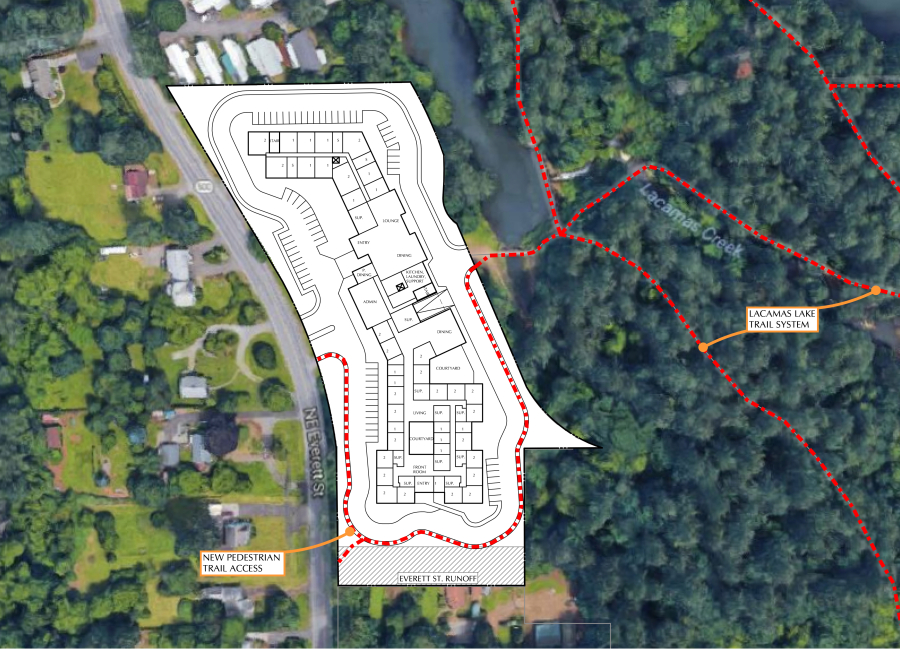 An illustration of the proposed senior living facility shows public access to trails within the nearby Lacamas Creek area (pictured to the right of the proposed development) in Camas. Former Camas City Council member Tim Hazen hopes to buy a piece of parks open space for his senior living facility development. (Contributed illustration by Ankrom Moisan Architects, Inc., courtesy of city of Camas)