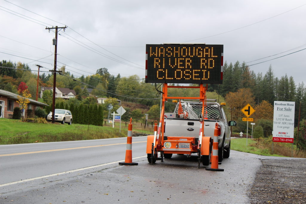Washougal River Road remains closed near milepost 4, on Friday, Oct. 20, thanks to an overnight landslide that sent rocks onto the main roadway. Photo by Kelly Moyer