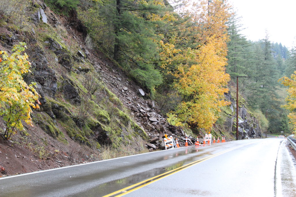 A landslide has  pushed rocks onto Washougal River Road near milepost 4, on Friday, Oct. 20. Photo by Kelly Moyer