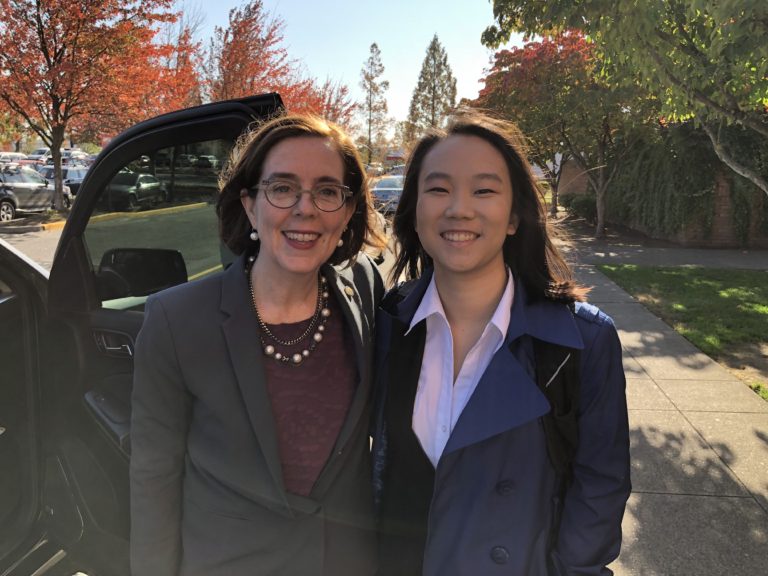 Camas High School student Monica Chang with Governor Kate Brown.