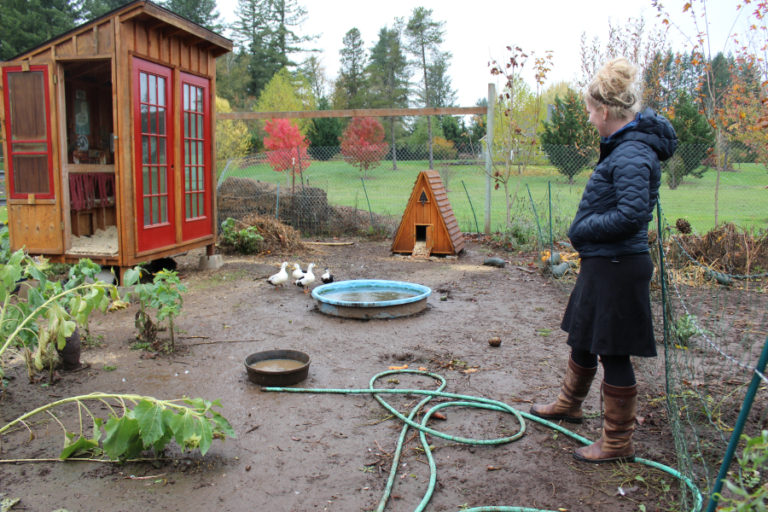 Artist Megan McGaffigan shows a visitor the garden -- complete with fancy chicken coop and handbuilt duck hut -- she tends with her husband outside of the East Clark County barn where they live with their two dogs and where McGaffigan has her art studio.