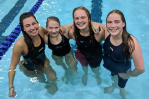 Camas swimmers Bailey Segall, Paeton Lesser, Jessica Bretz and Madalyn Scherwinski qualified for state in the 200- and 400-meter freestyle relay races. Segall also earned first place at districts in the 100 butterfly. (Contributed photo by Kristie Greenwood)