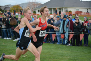 The 4A boys state cross country race featured the most exciting finish between Ryan Kline, of Central Valley in Spokane, and Daniel Maton, of Camas, Saturday, at the Sun Willows Golf Course, in Pasco. Kline clinched the championship with a time of 15:11.3. Maton tumbled across the finish line in 15:11.5. (Photos by Dan Trujillo/Post-Record)