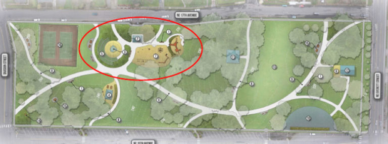 This illustration depicts &quot;Option 2,&quot; the recommended option, for replacing the swimming pool at Crown Park in Camas with a large, interactive water feature. The area circled in red, which includes the water feature, a nearby playground, new restroom and improved paths, could be a potential &quot;phase one&quot; of the entire project, if the city decides to move forward with the $5.2 million option.