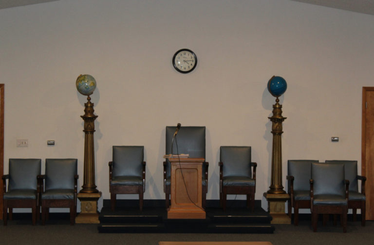 Masonic lodges are built around the four main directions -- north, south, east and west -- and include similar symbols, such as the two globes atop pillars pictured here, inside the North Bank Lodge, No. 182 in Washougal, which is home to Camas and Washougal freemasons.
