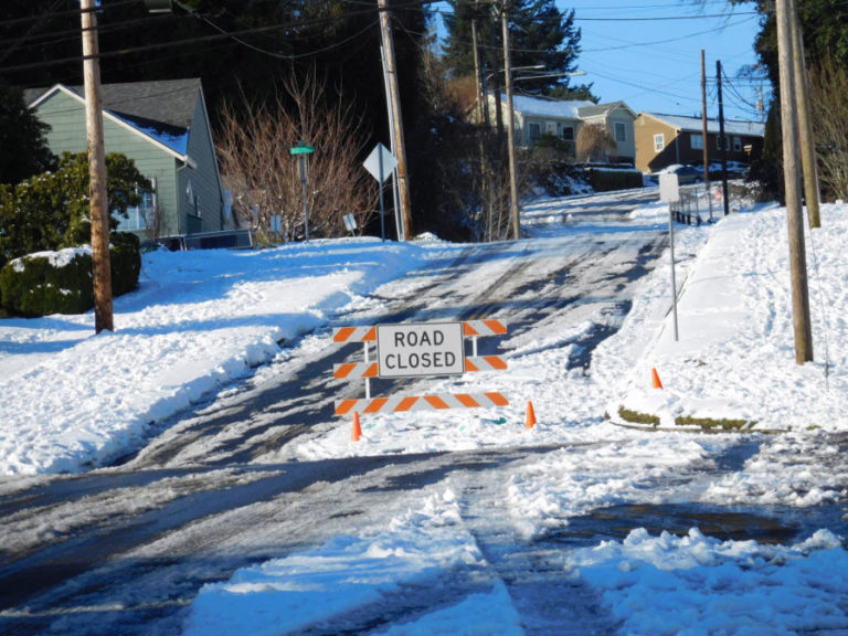 Dallas Street, above Sixth Avenue, in Camas, was closed for a week in January 2017, due to ice and snow.