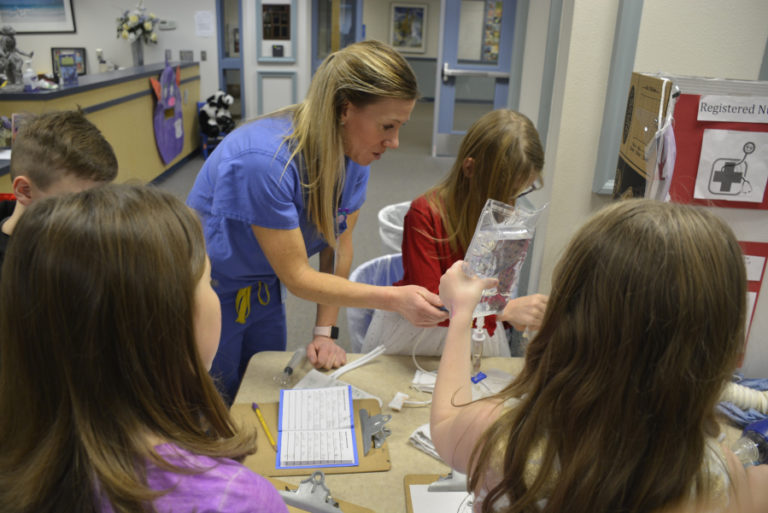 Registered nurse Andrea Weaver talks to Gause Elementary School students about nursing careers during the Washougal school&#039;s recent &quot;College and Career Week,&quot; held the second week of January.